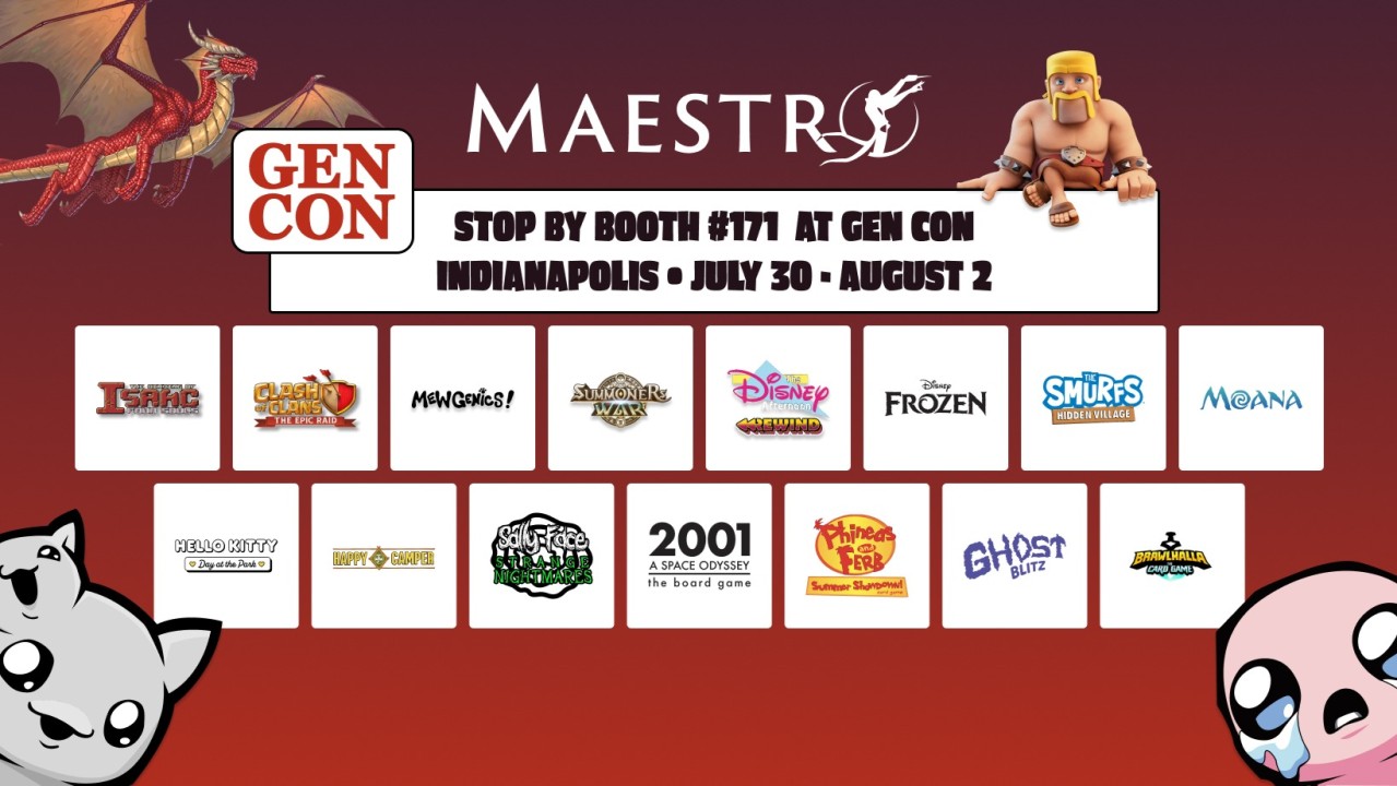Maestro Media at Gen Con 2026, Booth #171 in Indianapolis, July 30 through August 2, with the full game lineup