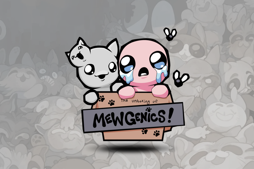 Isaac and a Mewgenics cat peeking out of a cardboard box labelled The Unboxing of Mewgenics